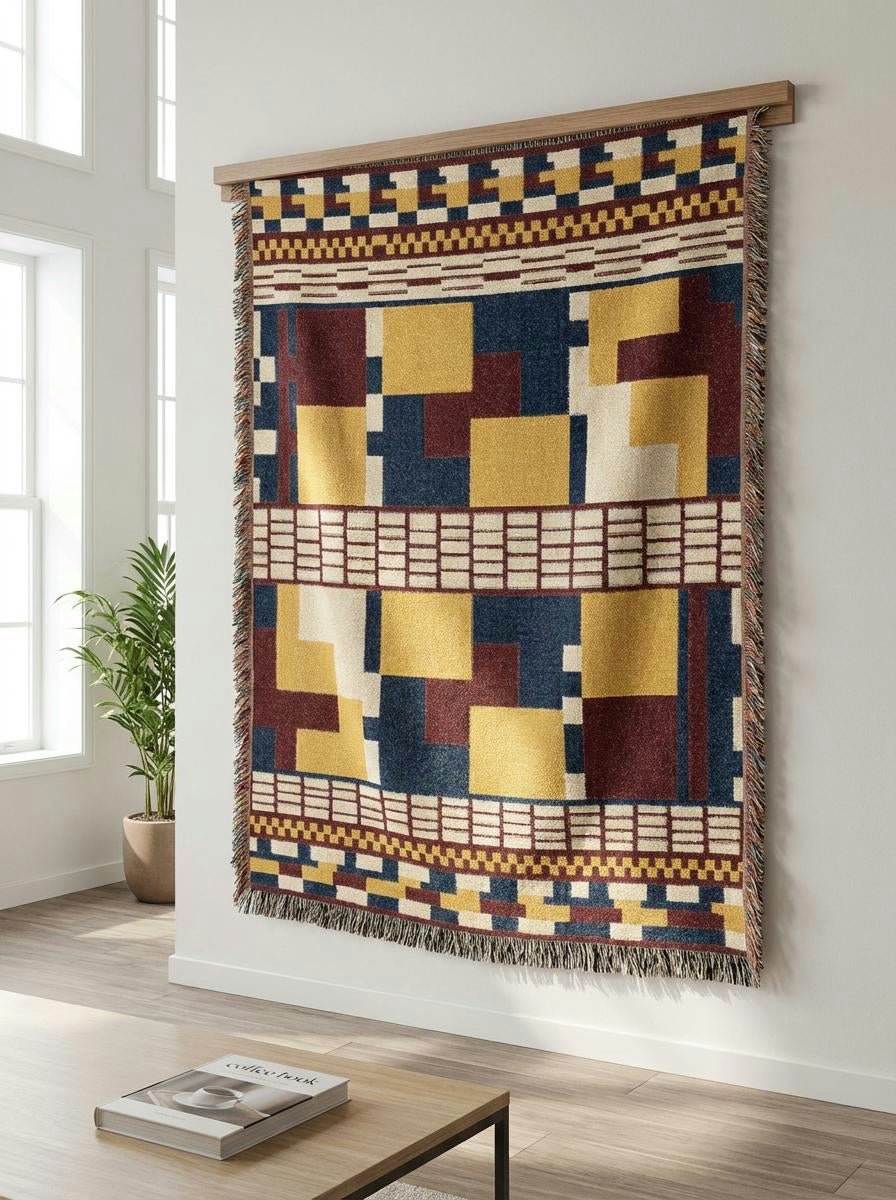 Bauhaus Steps Woven Throw Blanket – Mustard, Navy and Wine Modern Art Décor for Sofa and Bed - Modern Geometric Home Decor | HERITAGE LOOM CO.