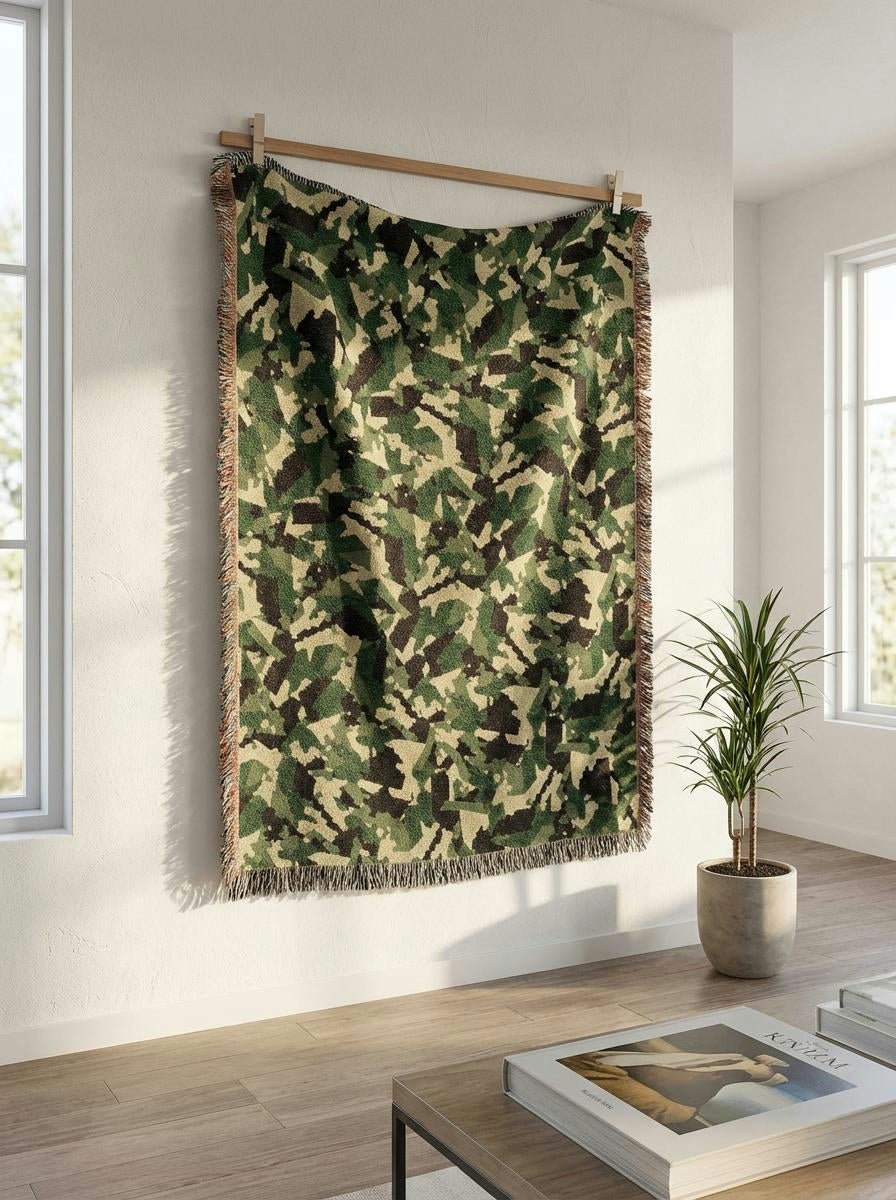 Camo Forest Woven Throw Blanket – Green Military Camouflage Throw for Sofa, Bed and Outdoor - Modern Geometric Home Decor | HERITAGE LOOM CO.