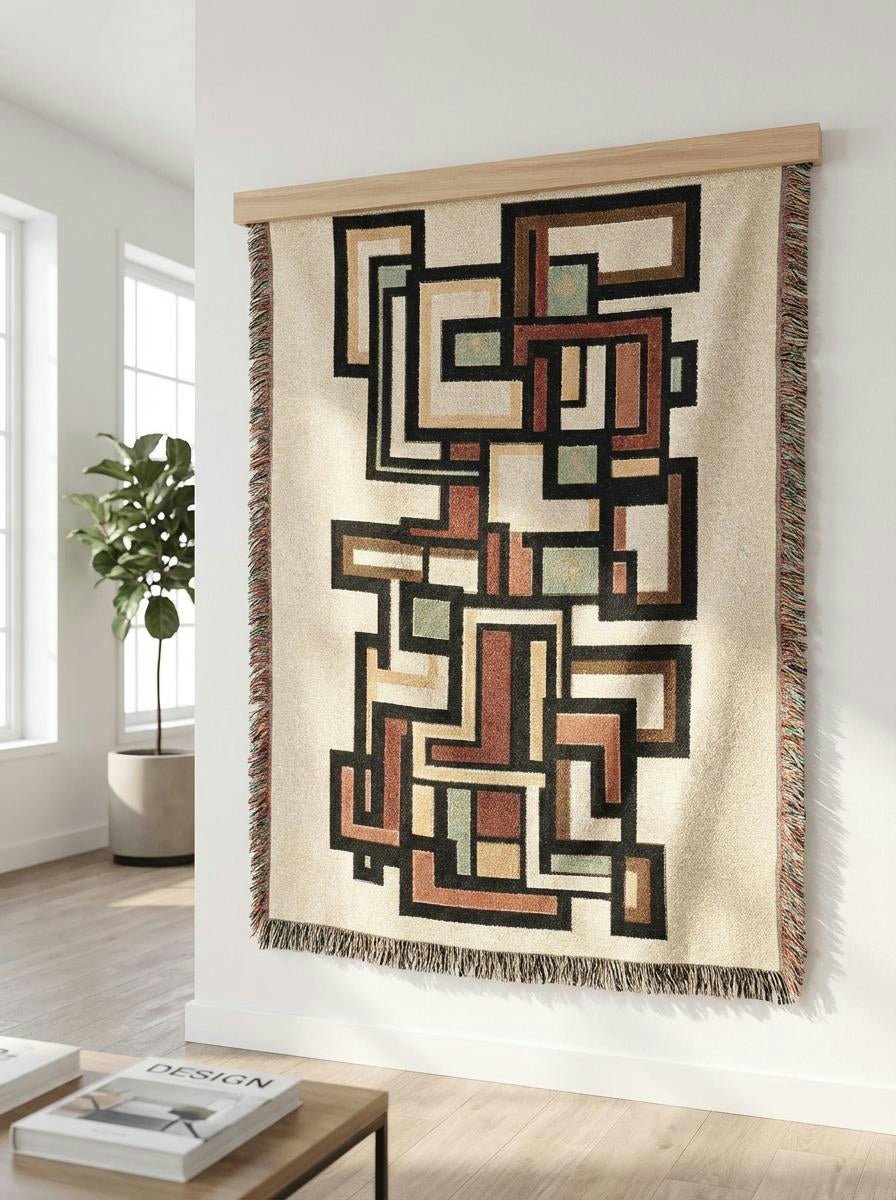 Cubist Pathways Woven Throw Blanket – Modern Geometric Art for Sofa and Bed in Warm Neutrals - Modern Geometric Home Decor | HERITAGE LOOM CO.