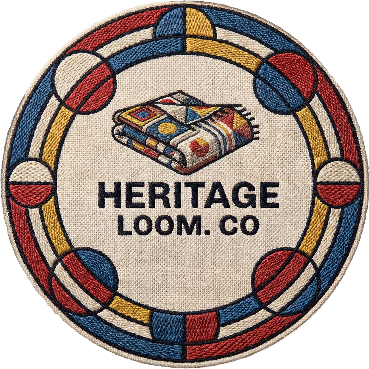 Round patch with colorful embroidery 'Heritage Loom Co' logo.