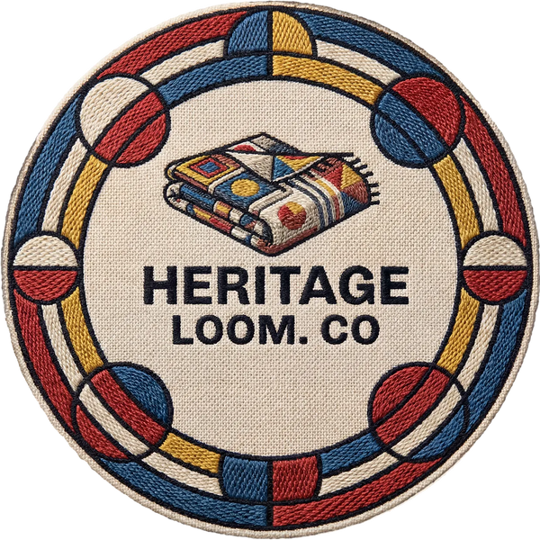 Round patch with colorful embroidery 'Heritage Loom Co' logo.