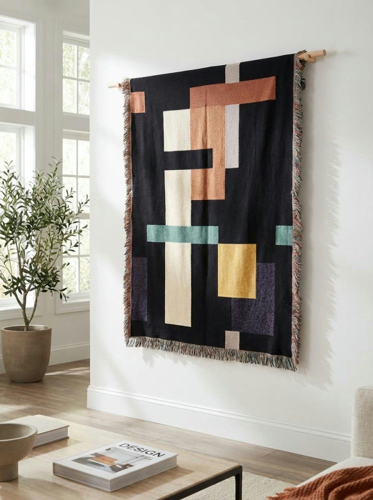 Home Decor {{variant_option}} - Midnight City Bauhaus Throw Blanket – Modern Geometric Woven Art Décor for Sofa and Bed woven throw blanket