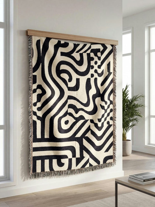 Home Decor {{variant_option}} - Monochrome Labyrinth Throw Blanket – Modern Abstract Line Art Woven Décor for Sofa and Bed woven throw blanket
