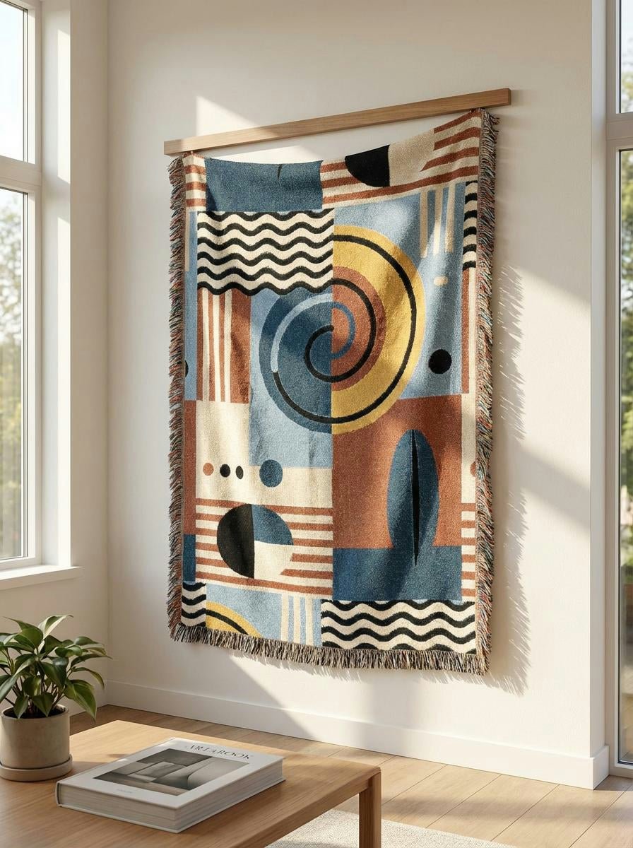 Ocean Jazz Geometric Throw Blanket – Blue Mustard Abstract Woven Art for Sofa and Bed - Modern Geometric Home Decor | HERITAGE LOOM CO.