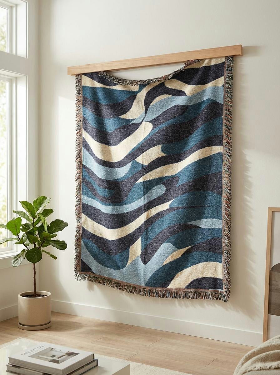 Ocean Wave Abstract Throw Blanket – Blue Modern Woven Art Décor for Sofa and Bed - Modern Geometric Home Decor | HERITAGE LOOM CO.