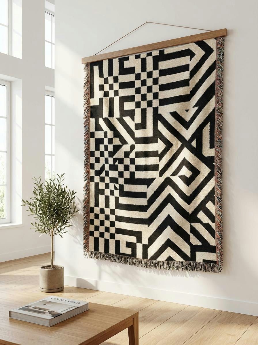 Optical Maze Black & White Throw Blanket – Modern Geometric Woven Art Décor for Sofa and Bed - Modern Geometric Home Decor | HERITAGE LOOM CO.