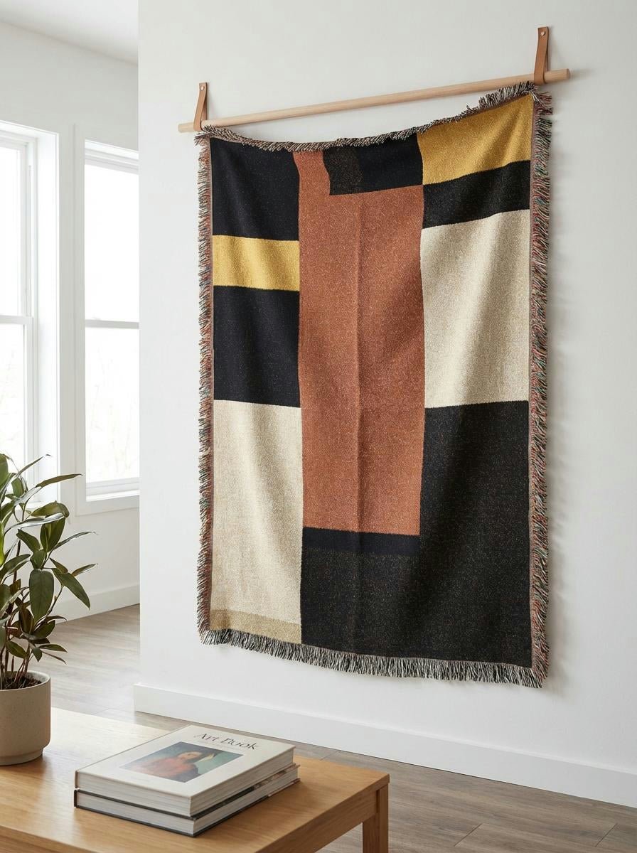 Terracotta Block Color Throw Blanket – Modern Bauhaus Woven Art Décor for Sofa and Bed. - Modern Geometric Home Decor | HERITAGE LOOM CO.